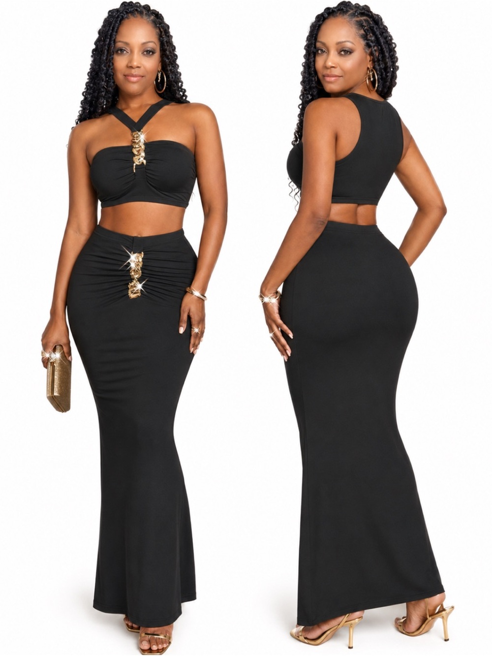 Source Unknown Black High-Waist Ruched Maxi Skirt with Gold Accent